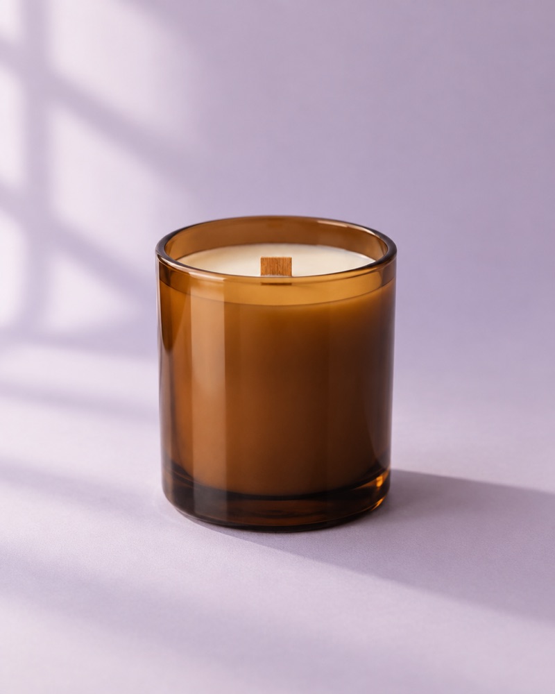 Una candela in un vasetto di vetro ambrato fumé con lo stoppino di legno, su uno sfondo lilla.