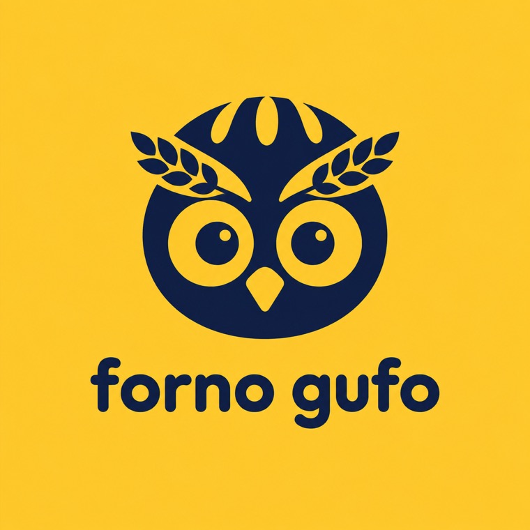 Un logo: il muso di un gufo blu scuro fatto con una pagnotta, con due spighe di grano come sopracciglia, su sfondo giallo. Sotto: forno gufo.