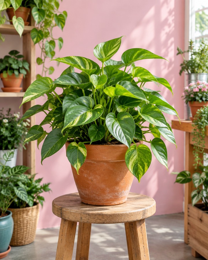 Una pianta verde in un vaso di terracotta su uno sgabello di legno, davanti a un muro rosa.